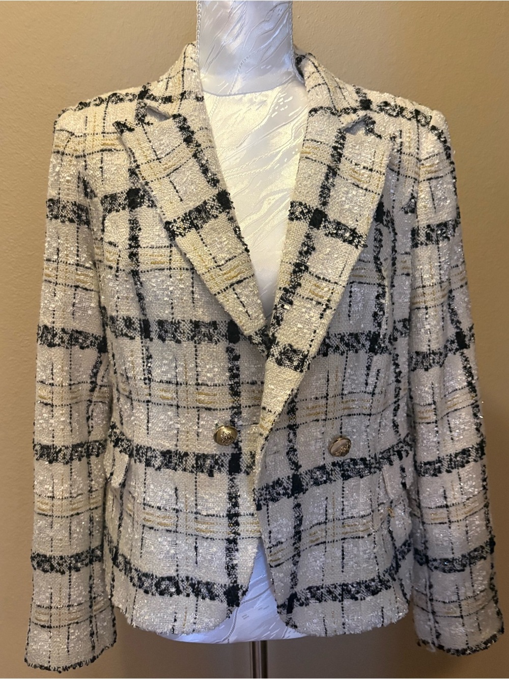 Alberto Makali Tweed Blazer Metallic Plaid White/Black Size Medium